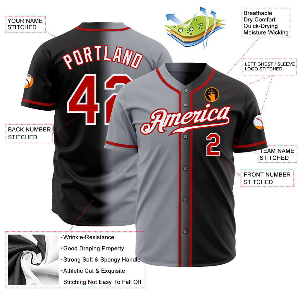 Custom Black Red Gray-White Authentic Gradient Fashion Baseball Jersey view 2