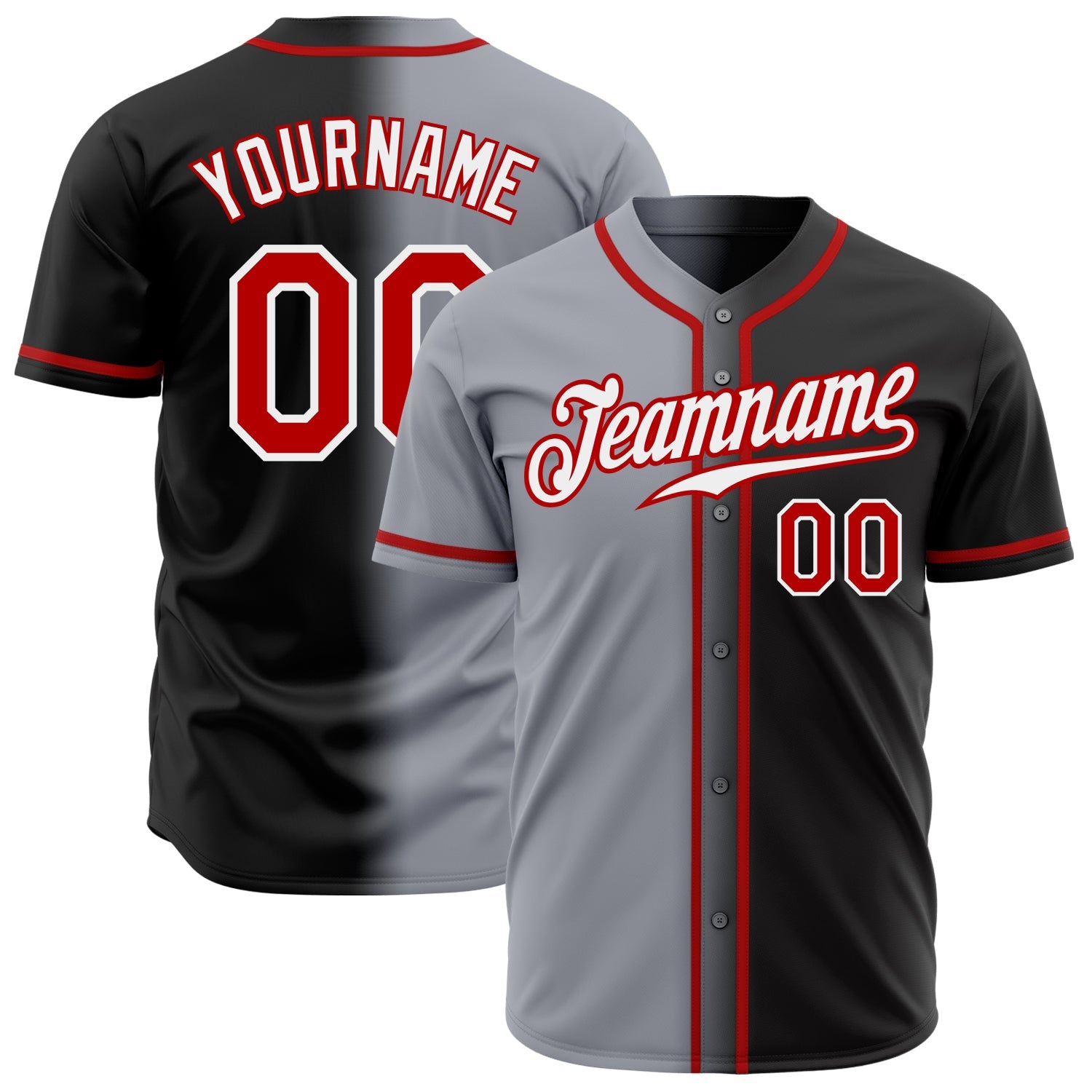 Custom Black Red Gray-White Authentic Gradient Fashion Baseball Jersey - Main View