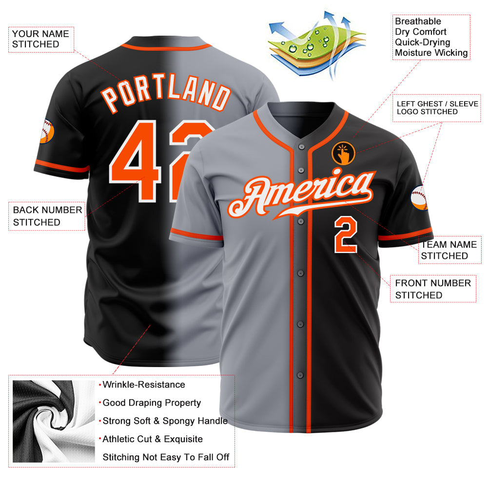 Custom Black Orange Gray-White Authentic Gradient Fashion Baseball Jersey view 2