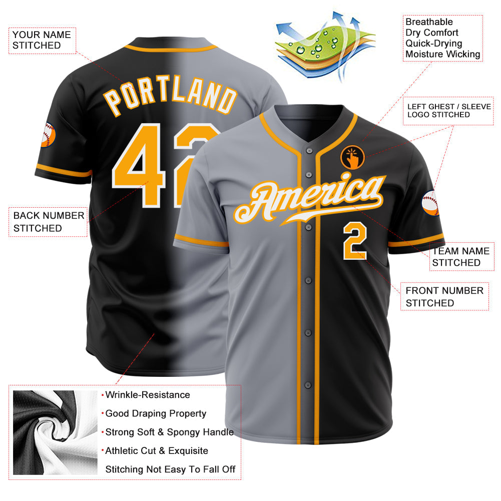 Custom Black Gold Gray-White Authentic Gradient Fashion Baseball Jersey view 2