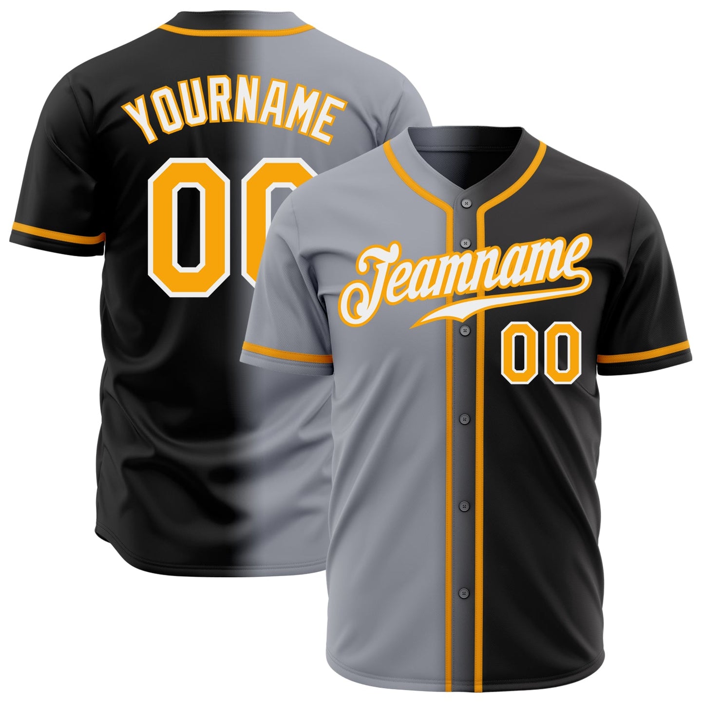Custom Black Gold Gray-White Authentic Gradient Fashion Baseball Jersey - Main View