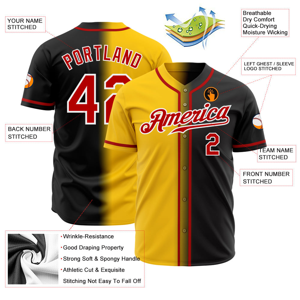 Custom Black Red Yellow-White Authentic Gradient Fashion Baseball Jersey view 2