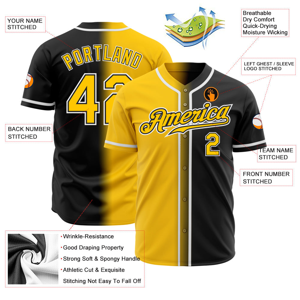 Custom Black Yellow-White Authentic Gradient Fashion Baseball Jersey view 3