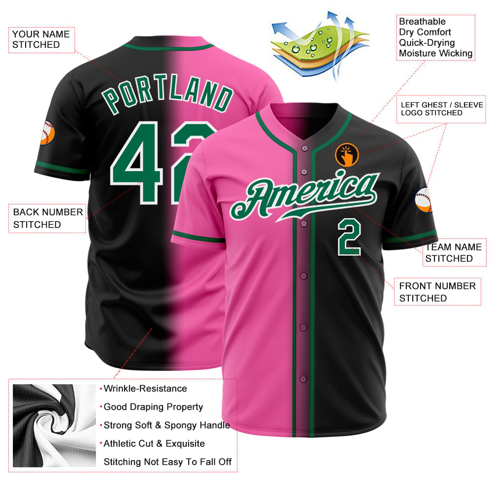 Custom Black Kelly Green Pink-White Authentic Gradient Fashion Baseball Jersey view 2
