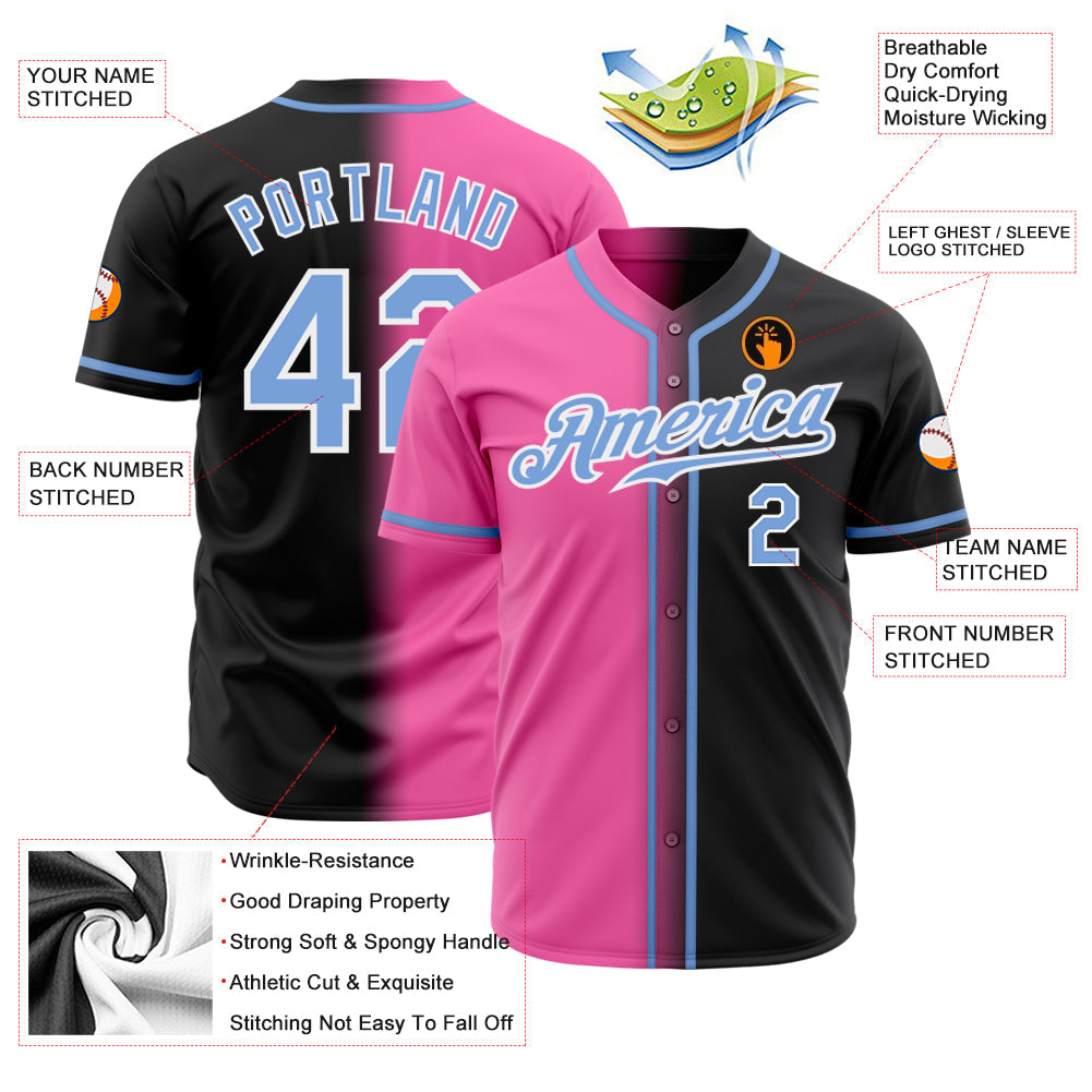 Custom Black Light Blue Pink-White Authentic Gradient Fashion Baseball Jersey view 2