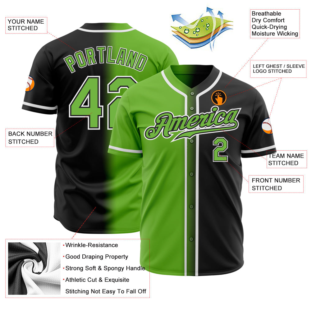 Custom Black Neon Green-White Authentic Gradient Fashion Baseball Jersey view 2