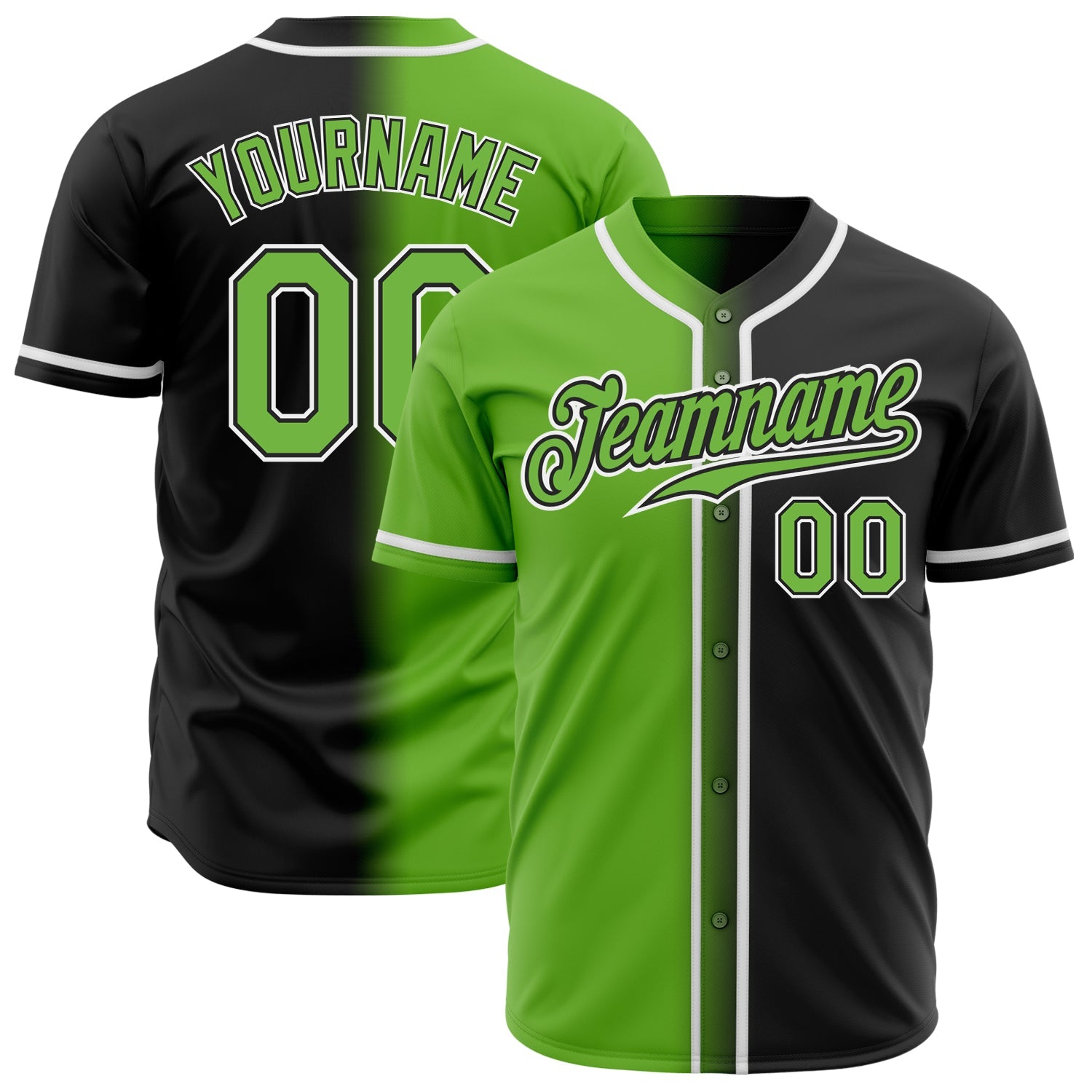 Custom Black Neon Green-White Authentic Gradient Fashion Baseball Jersey - Main View