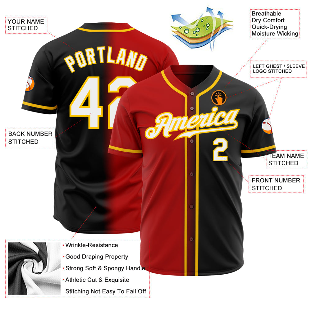 Custom Black White Red-Gold Authentic Gradient Fashion Baseball Jersey view 2