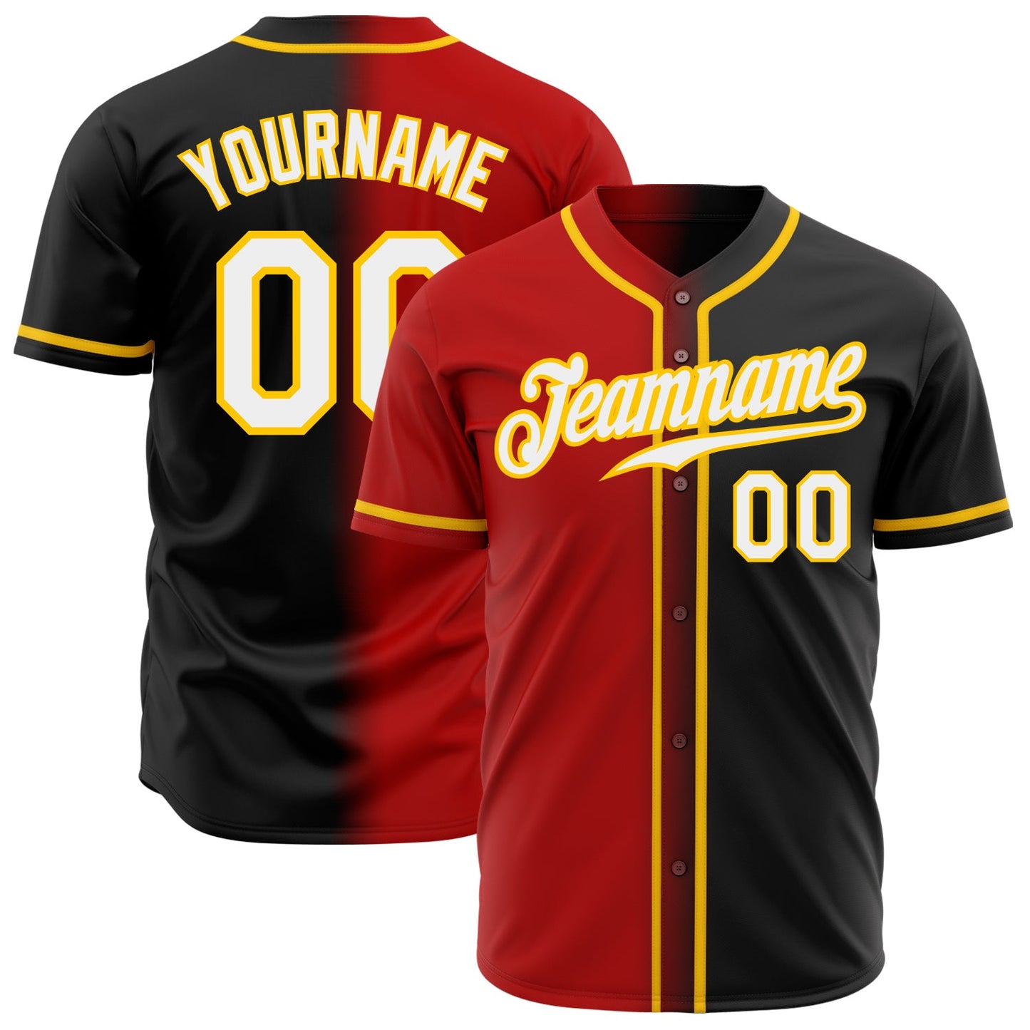 Custom Black White Red-Gold Authentic Gradient Fashion Baseball Jersey - Main View