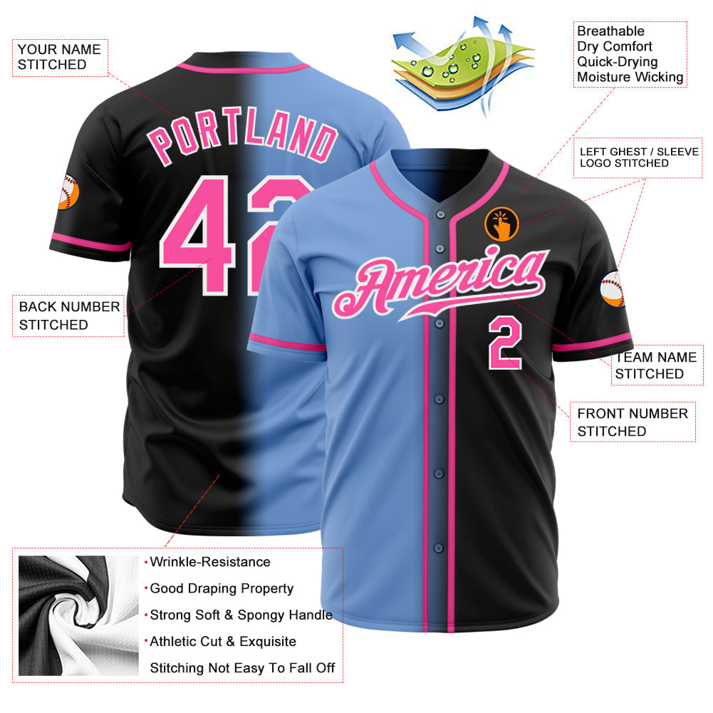 Custom Black Pink Light Blue-White Authentic Gradient Fashion Baseball Jersey view 2