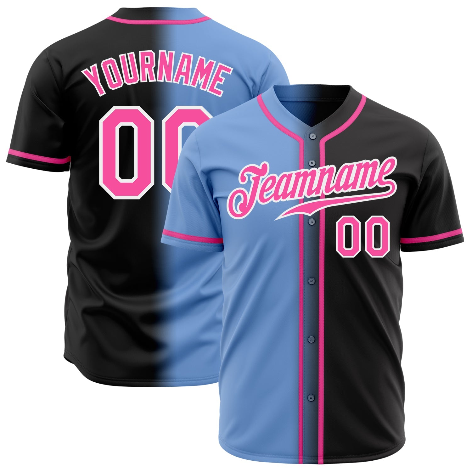 Custom Black Pink Light Blue-White Authentic Gradient Fashion Baseball Jersey - Main View