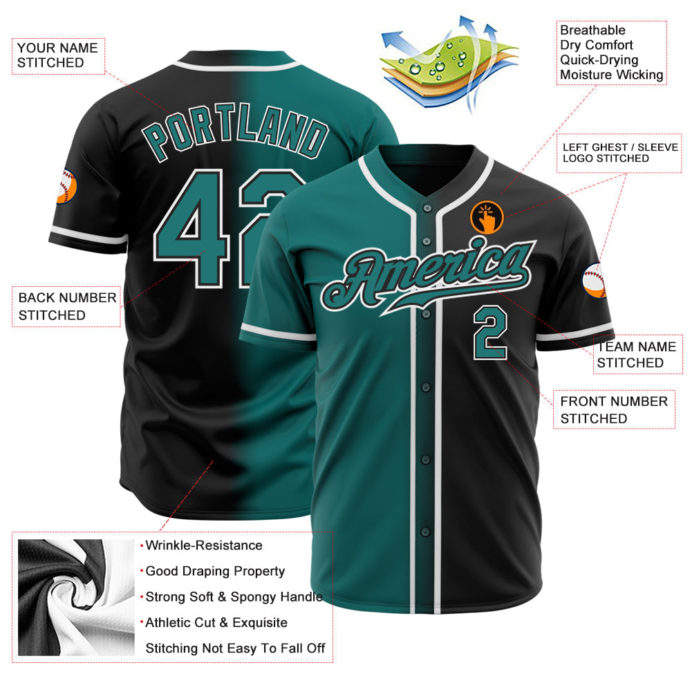 Custom Black Teal-White Authentic Gradient Fashion Baseball Jersey view 2