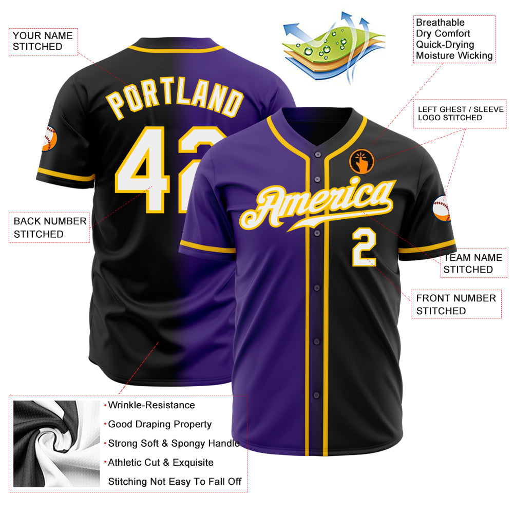 Custom Black White Purple-Gold Authentic Gradient Fashion Baseball Jersey view 2