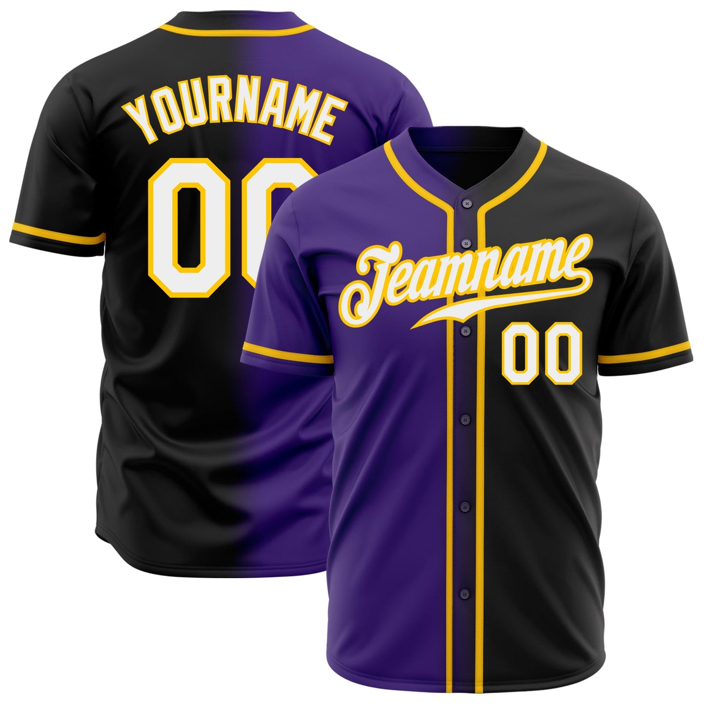 Custom Black White Purple-Gold Authentic Gradient Fashion Baseball Jersey - Main View