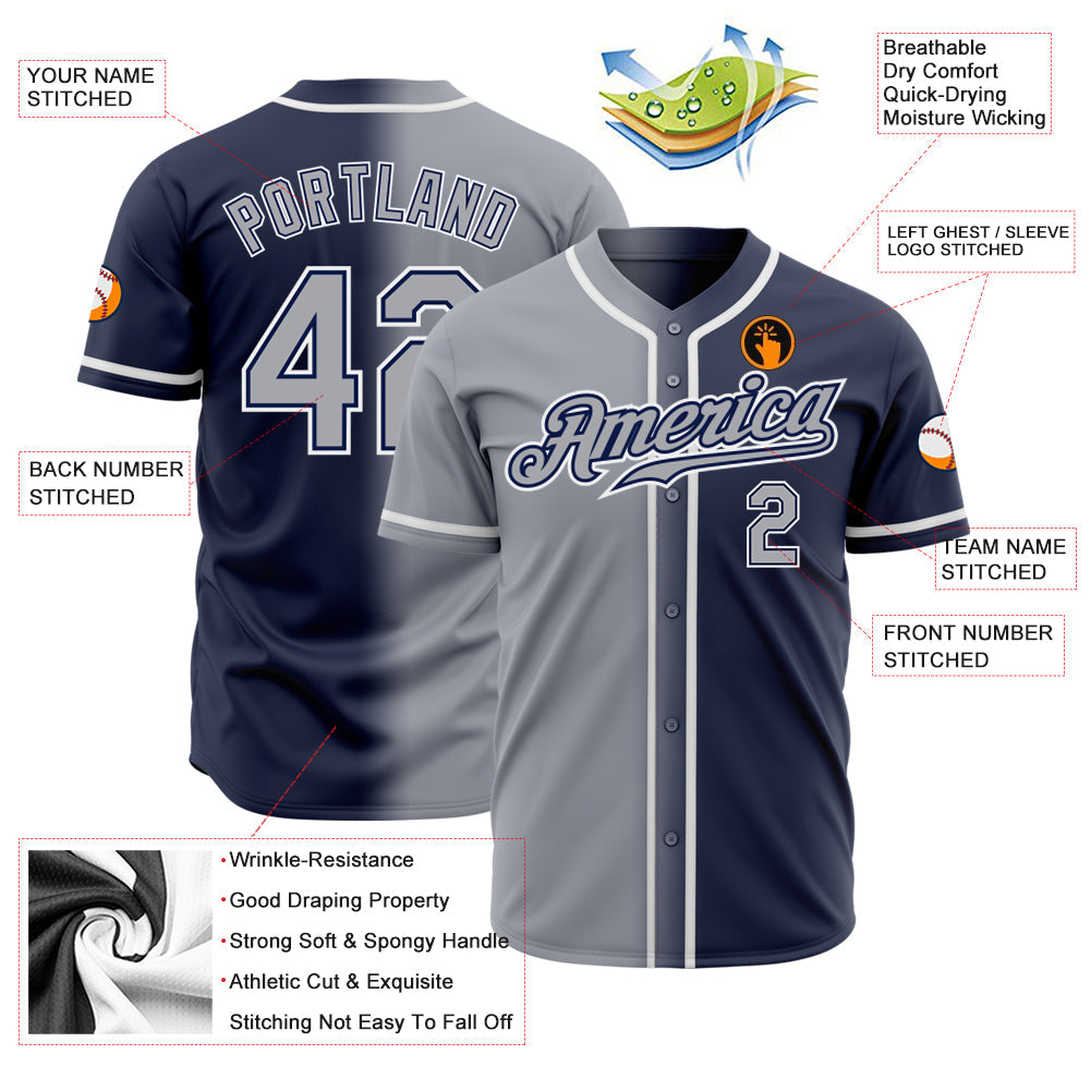 Custom Navy Gray-White Authentic Gradient Fashion Baseball Jersey view 2