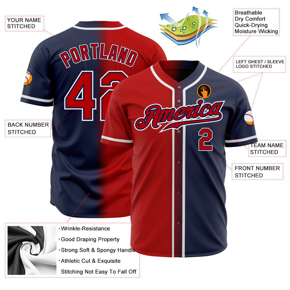 Custom Navy Red-White Authentic Gradient Fashion Baseball Jersey view 2