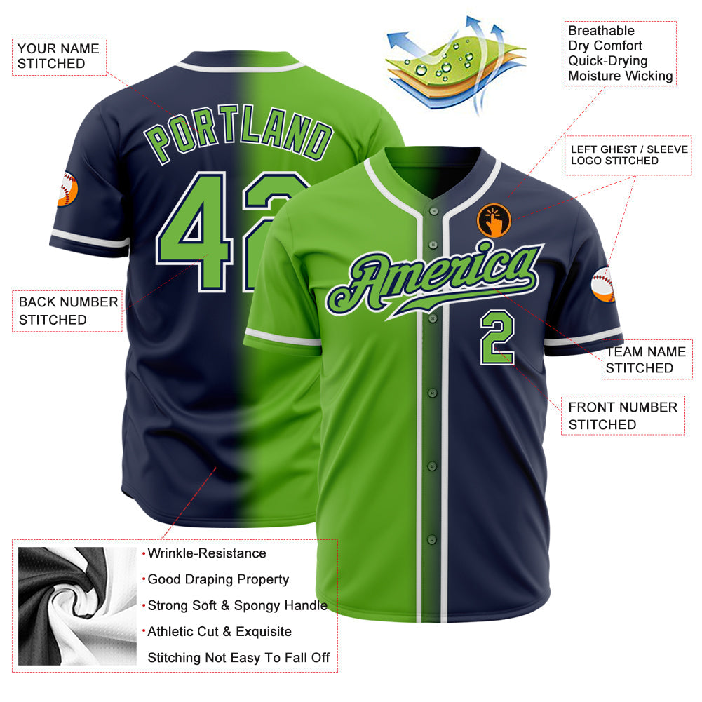 Custom Navy Neon Green-White Authentic Gradient Fashion Baseball Jersey view 2