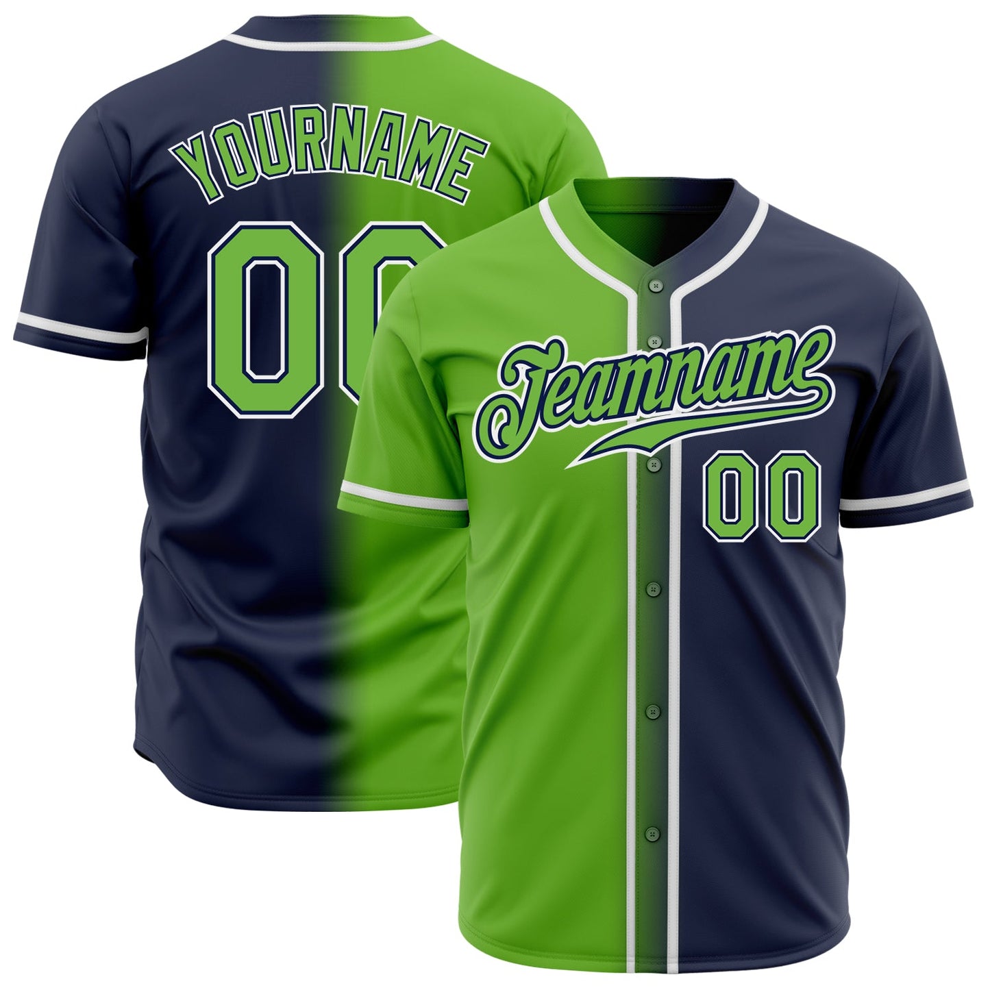 Custom Navy Neon Green-White Authentic Gradient Fashion Baseball Jersey - Main View