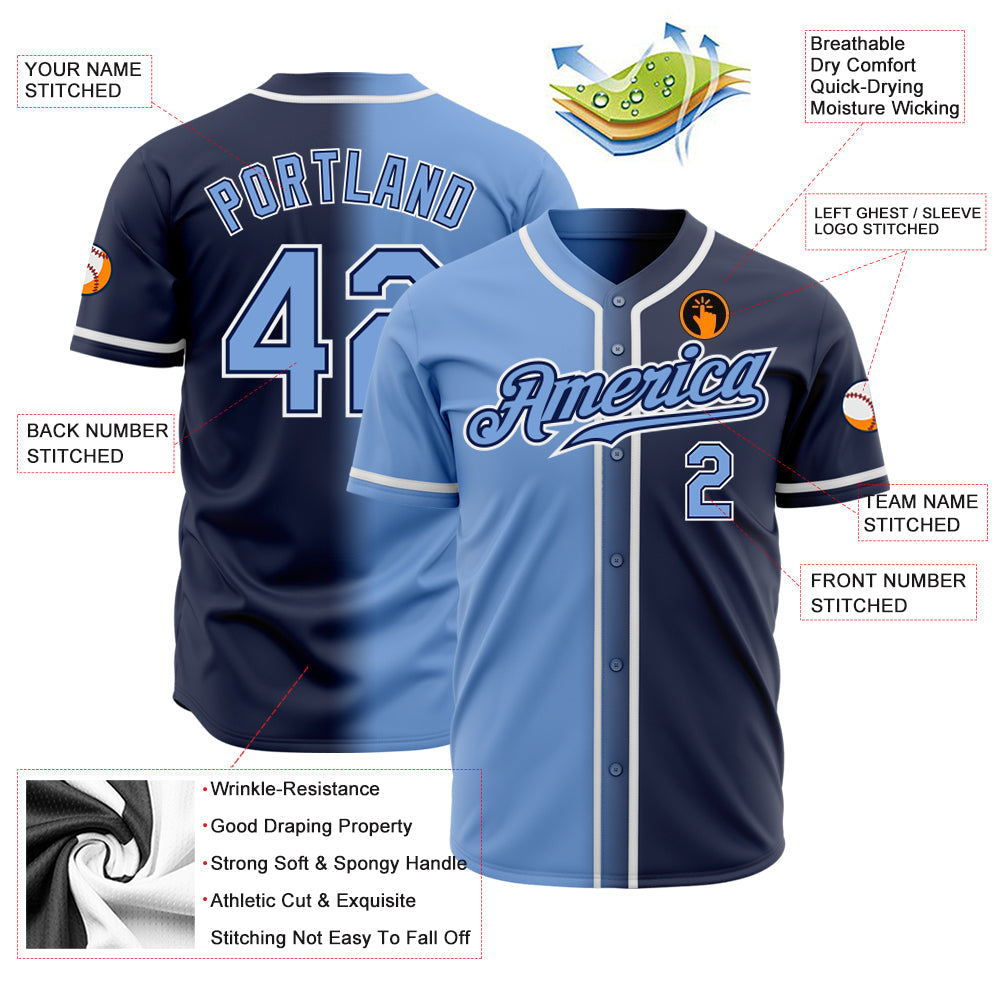 Custom Navy Light Blue-White Authentic Gradient Fashion Baseball Jersey view 2