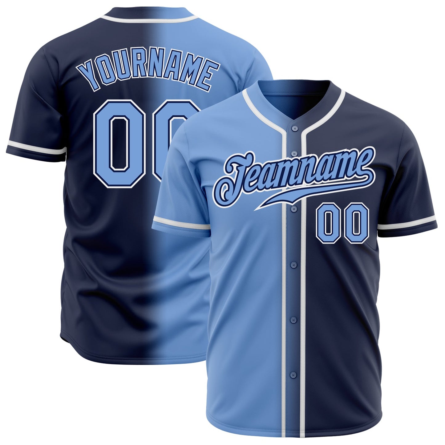 Custom Navy Light Blue-White Authentic Gradient Fashion Baseball Jersey - Main View