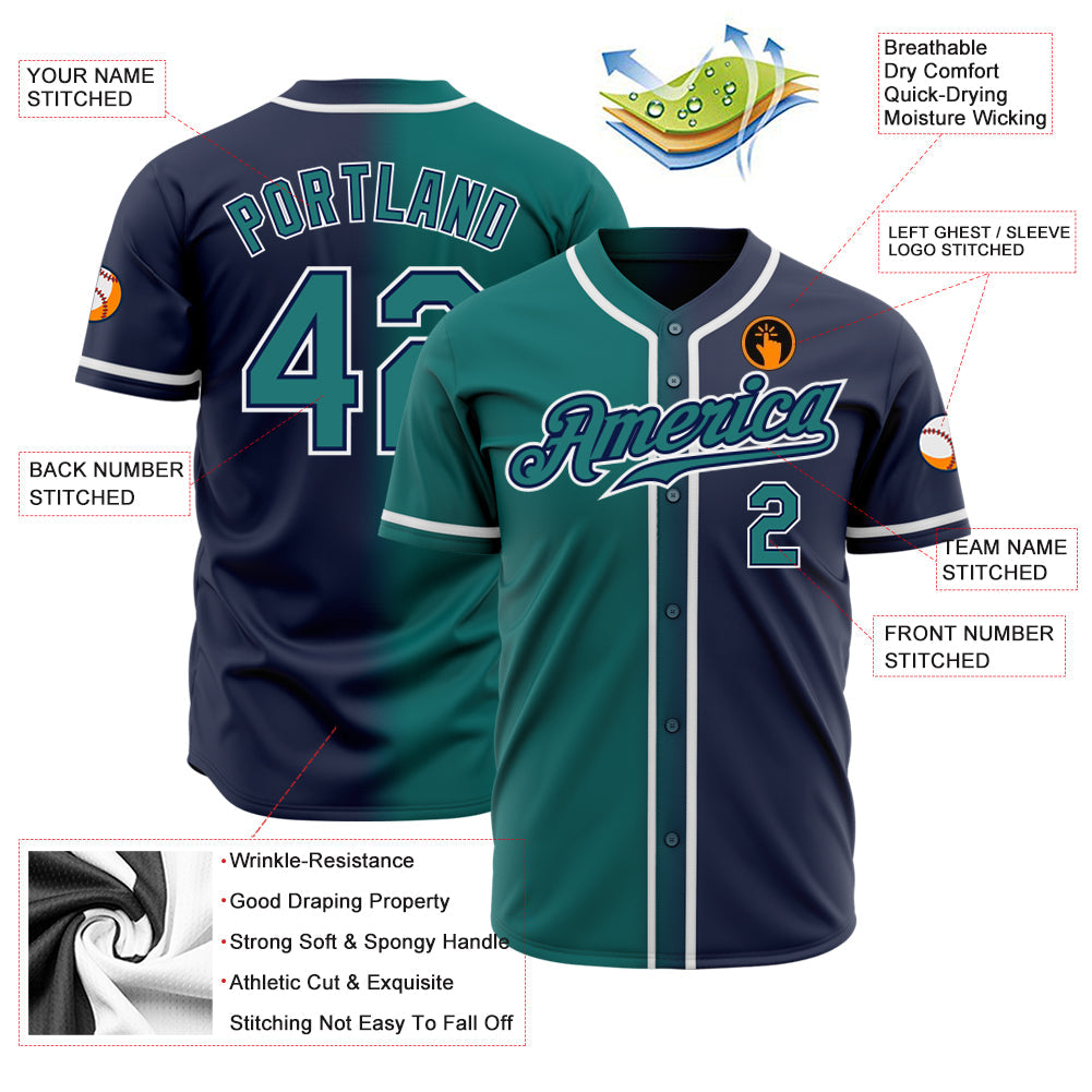 Custom Navy Teal-White Authentic Gradient Fashion Baseball Jersey view 2
