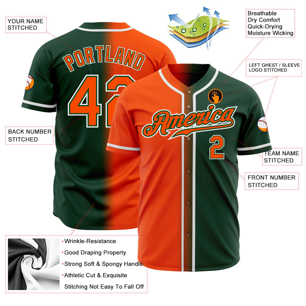 Custom Green Orange-White Authentic Gradient Fashion Baseball Jersey view 2