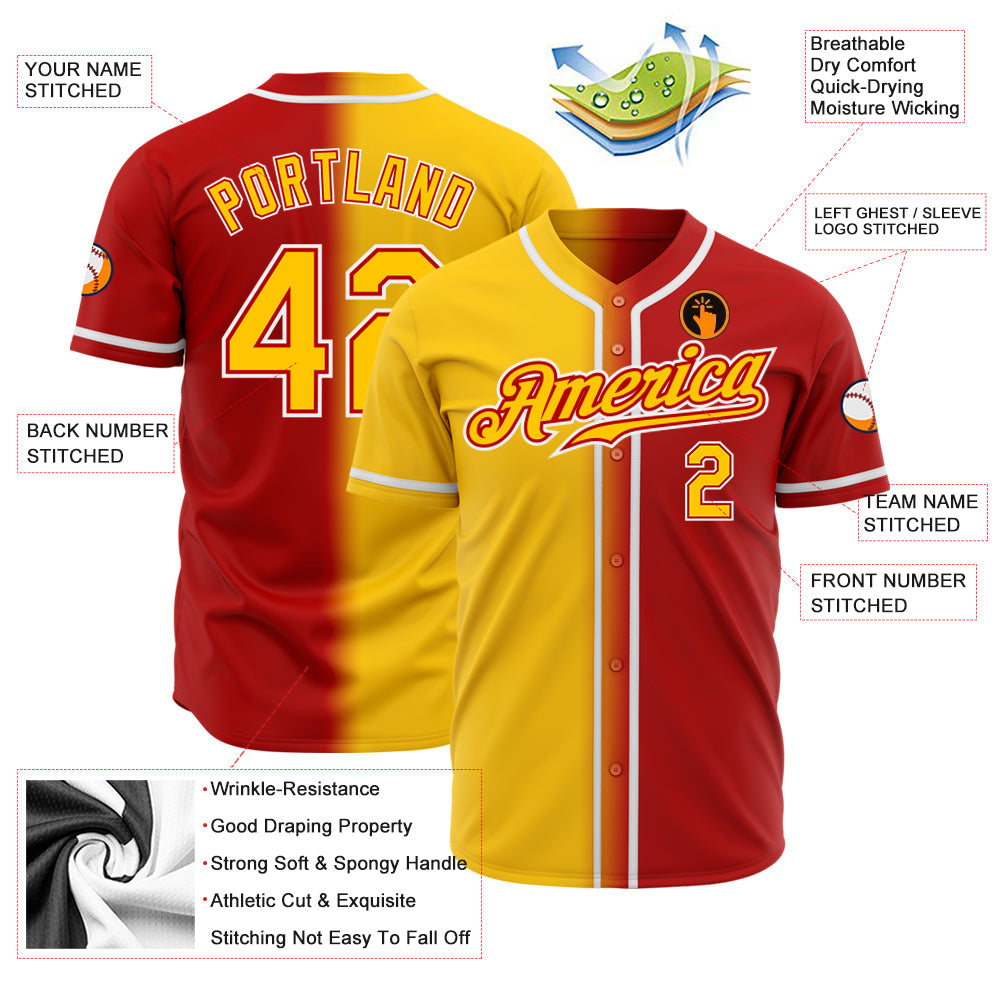Custom Red Yellow-White Authentic Gradient Fashion Baseball Jersey view 2
