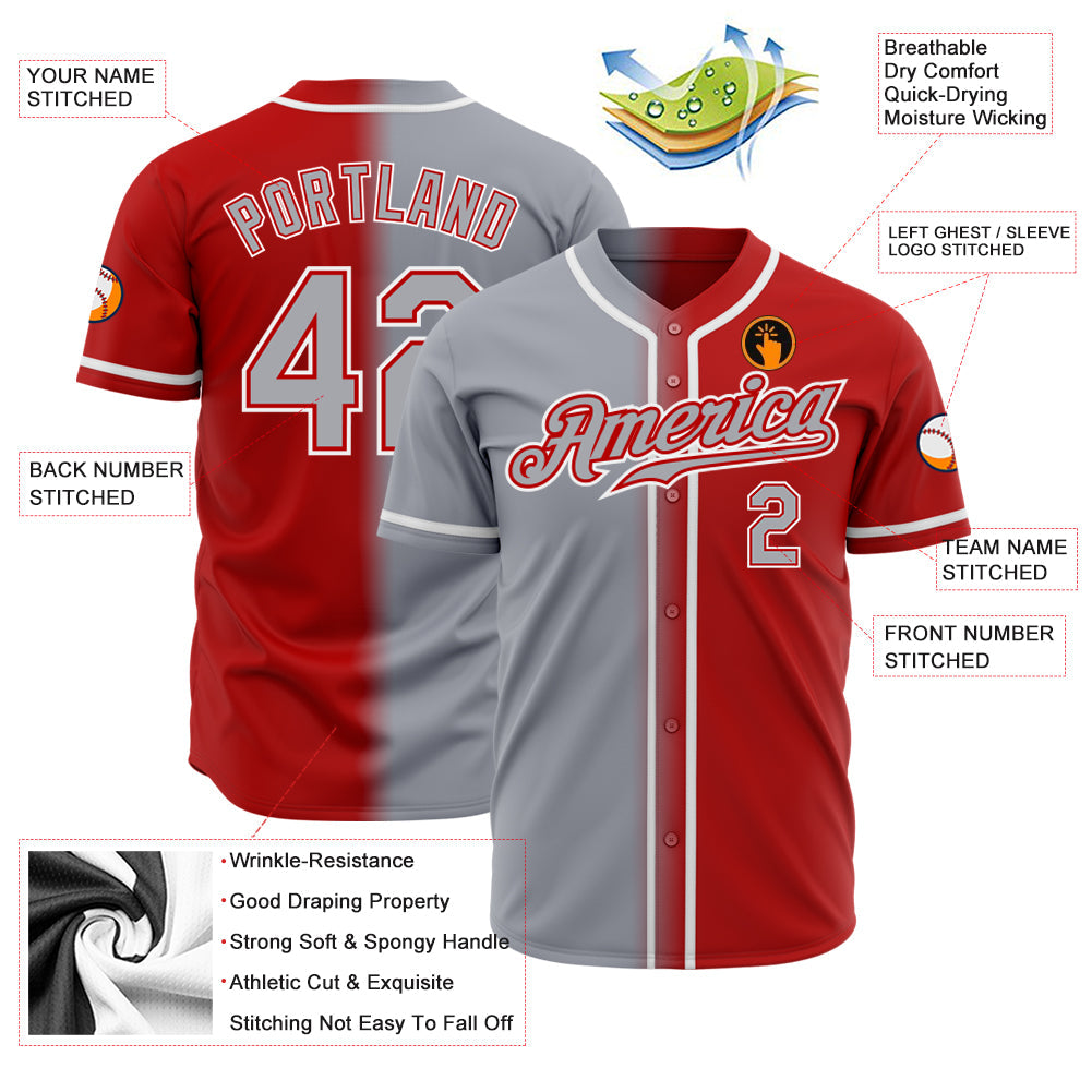 Custom Red Gray-White Authentic Gradient Fashion Baseball Jersey view 2