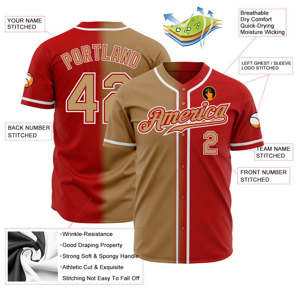 Custom Red Old Gold-White Authentic Gradient Fashion Baseball Jersey view 2