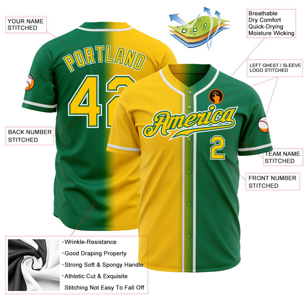 Custom Kelly Green Yellow-White Authentic Gradient Fashion Baseball Jersey view 2