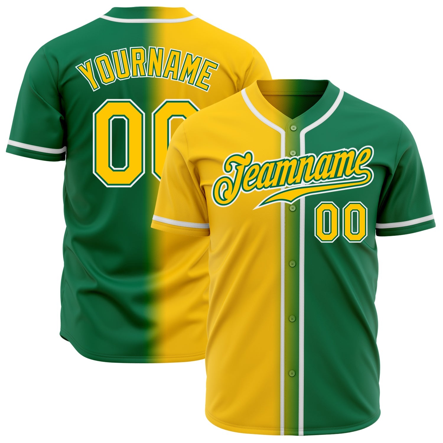Custom Kelly Green Yellow-White Authentic Gradient Fashion Baseball Jersey - Main View