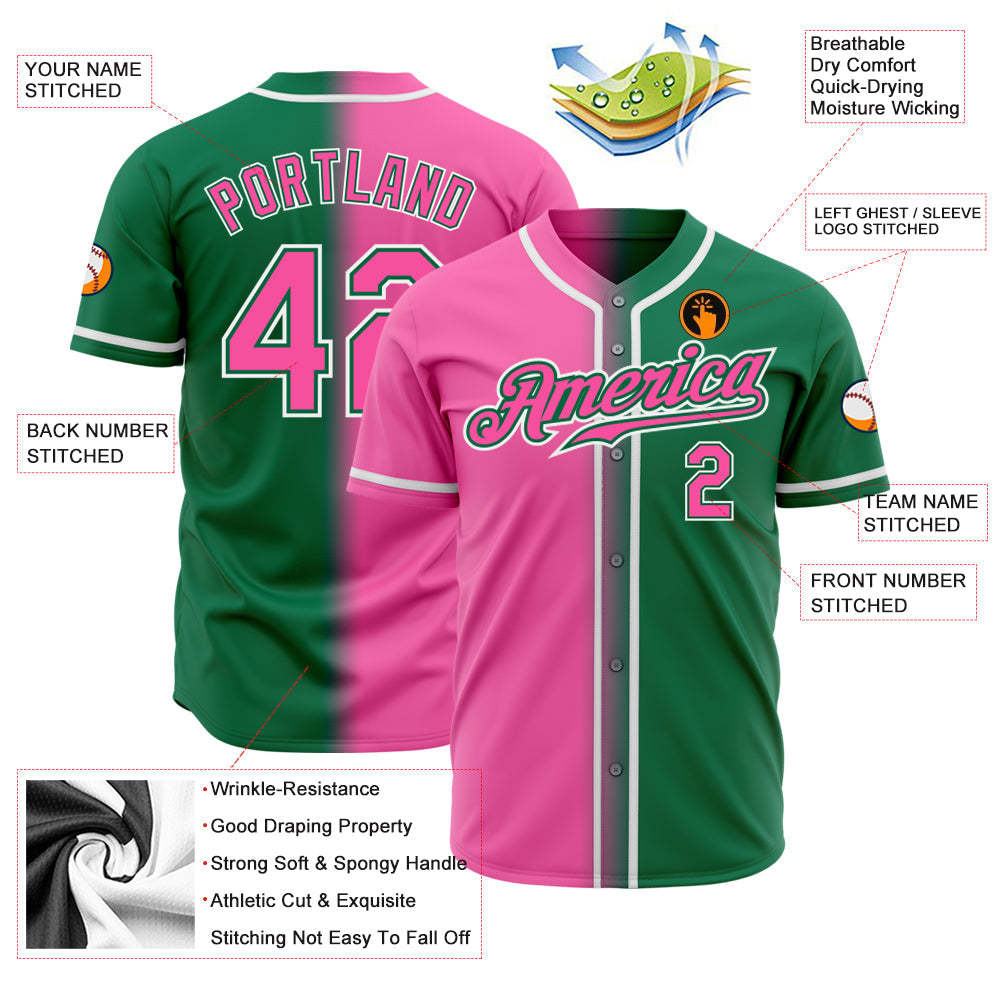 Custom Kelly Green Pink-White Authentic Gradient Fashion Baseball Jersey view 2