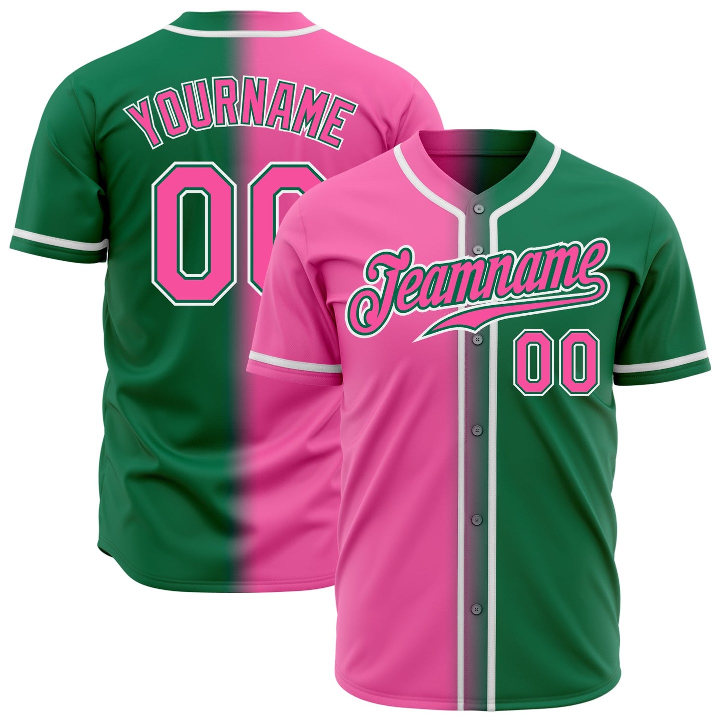 Custom Kelly Green Pink-White Authentic Gradient Fashion Baseball Jersey - Main View