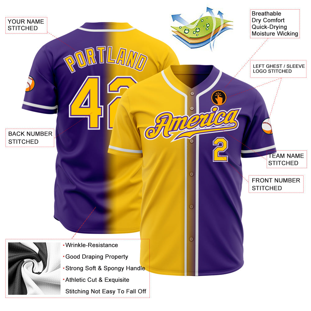 Custom Purple Yellow-White Authentic Gradient Fashion Baseball Jersey view 3