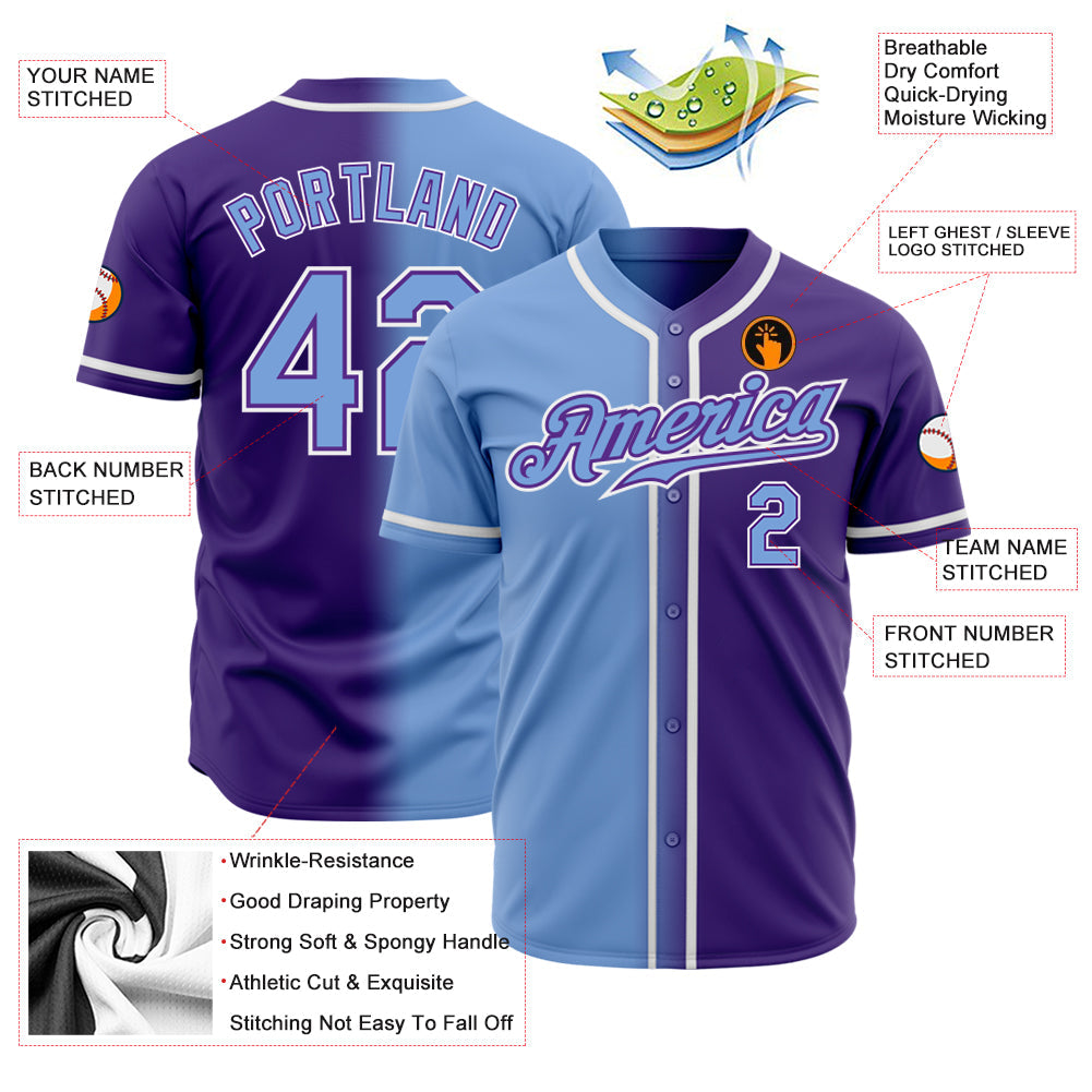 Custom Purple Light Blue-White Authentic Gradient Fashion Baseball Jersey view 2