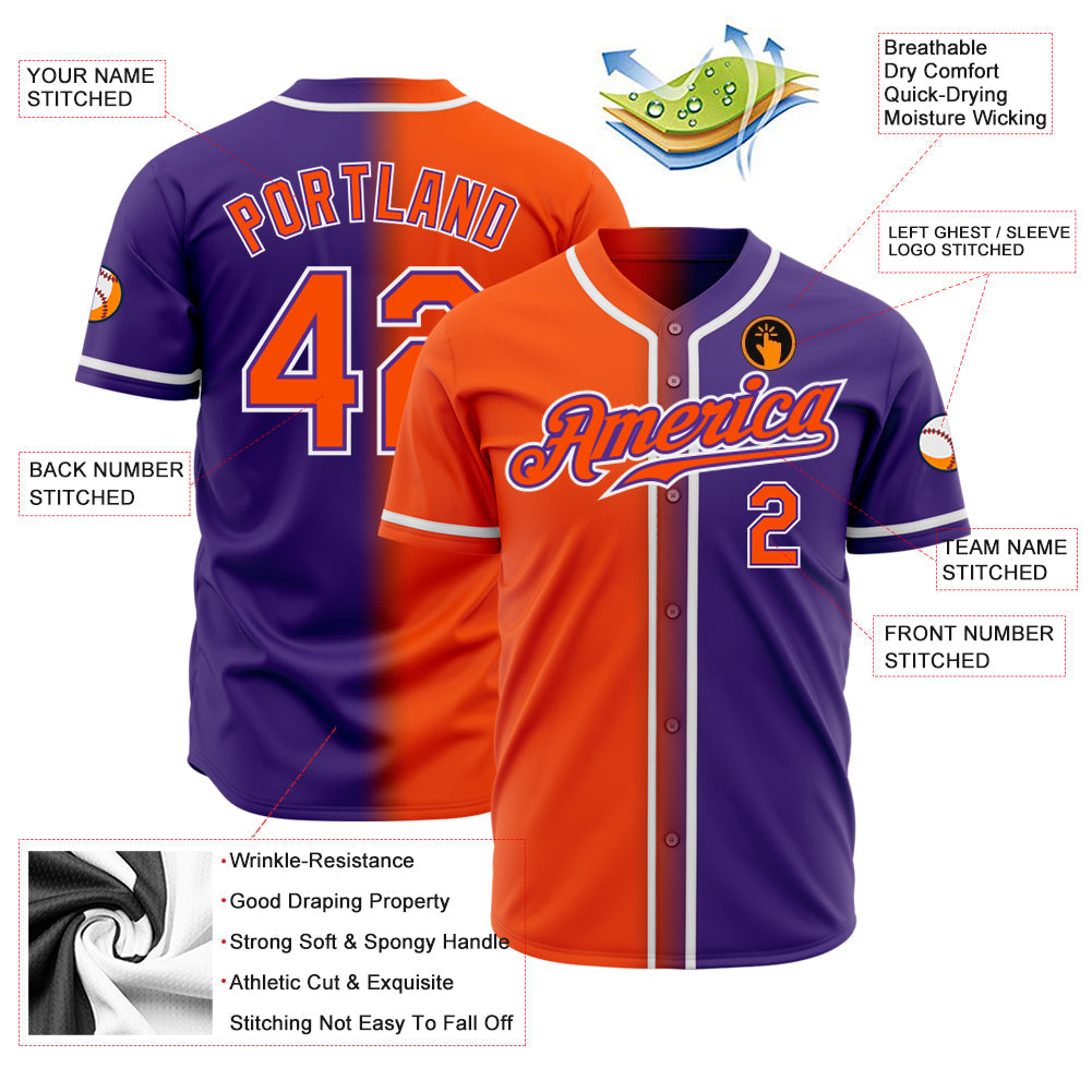 Custom Purple Orange-White Authentic Gradient Fashion Baseball Jersey view 2