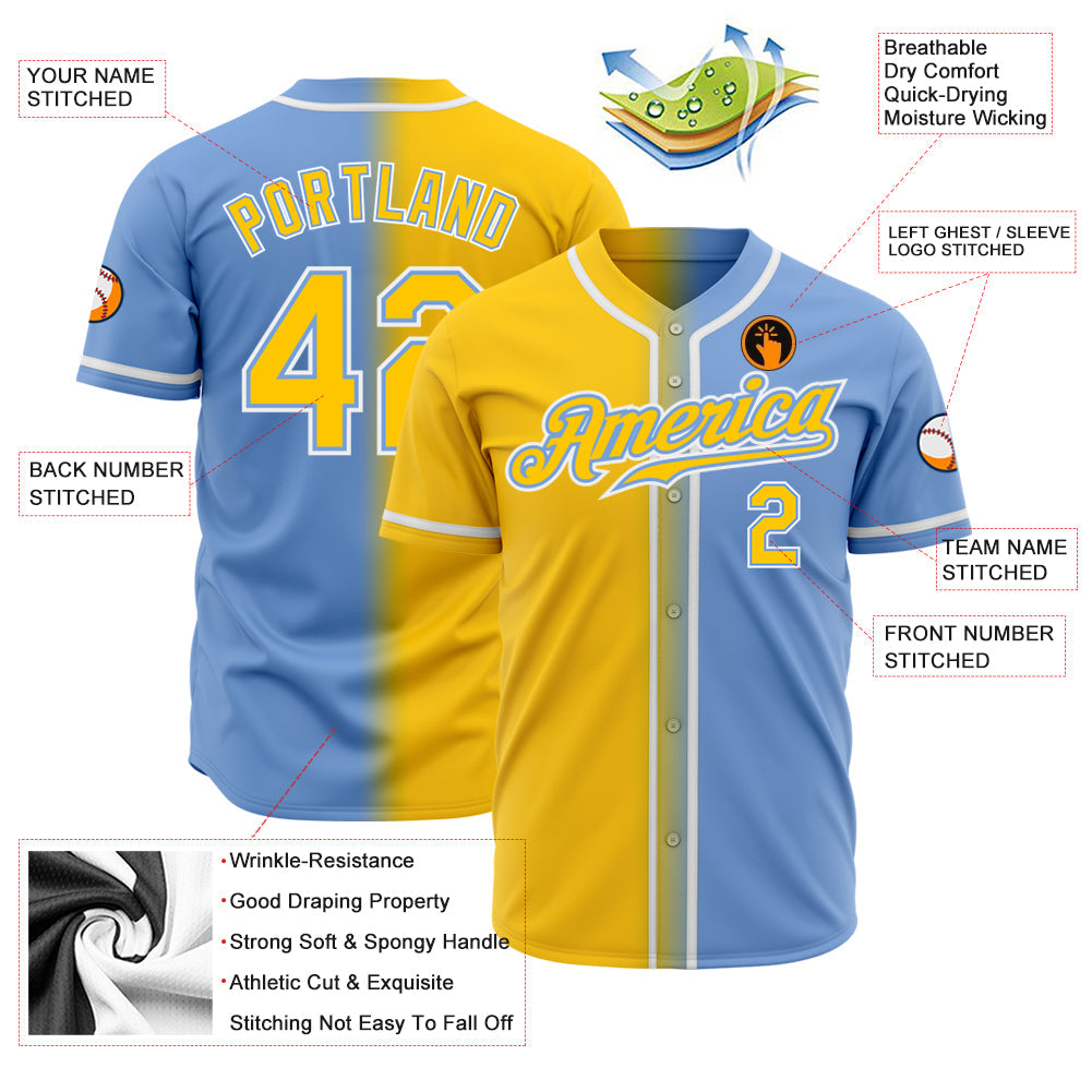 Custom Light Blue Yellow-White Authentic Gradient Fashion Baseball Jersey view 2