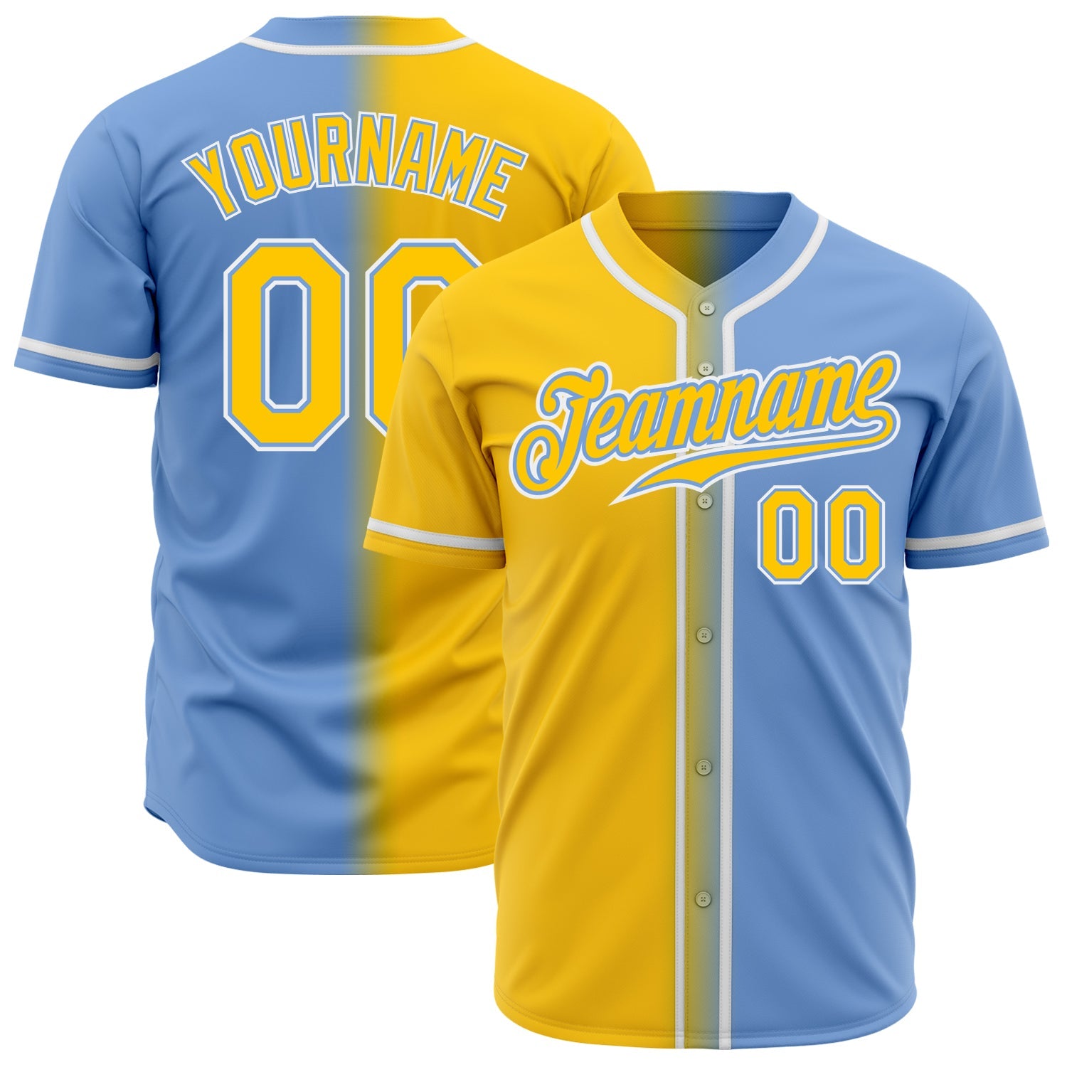 Custom Light Blue Yellow-White Authentic Gradient Fashion Baseball Jersey - Main View