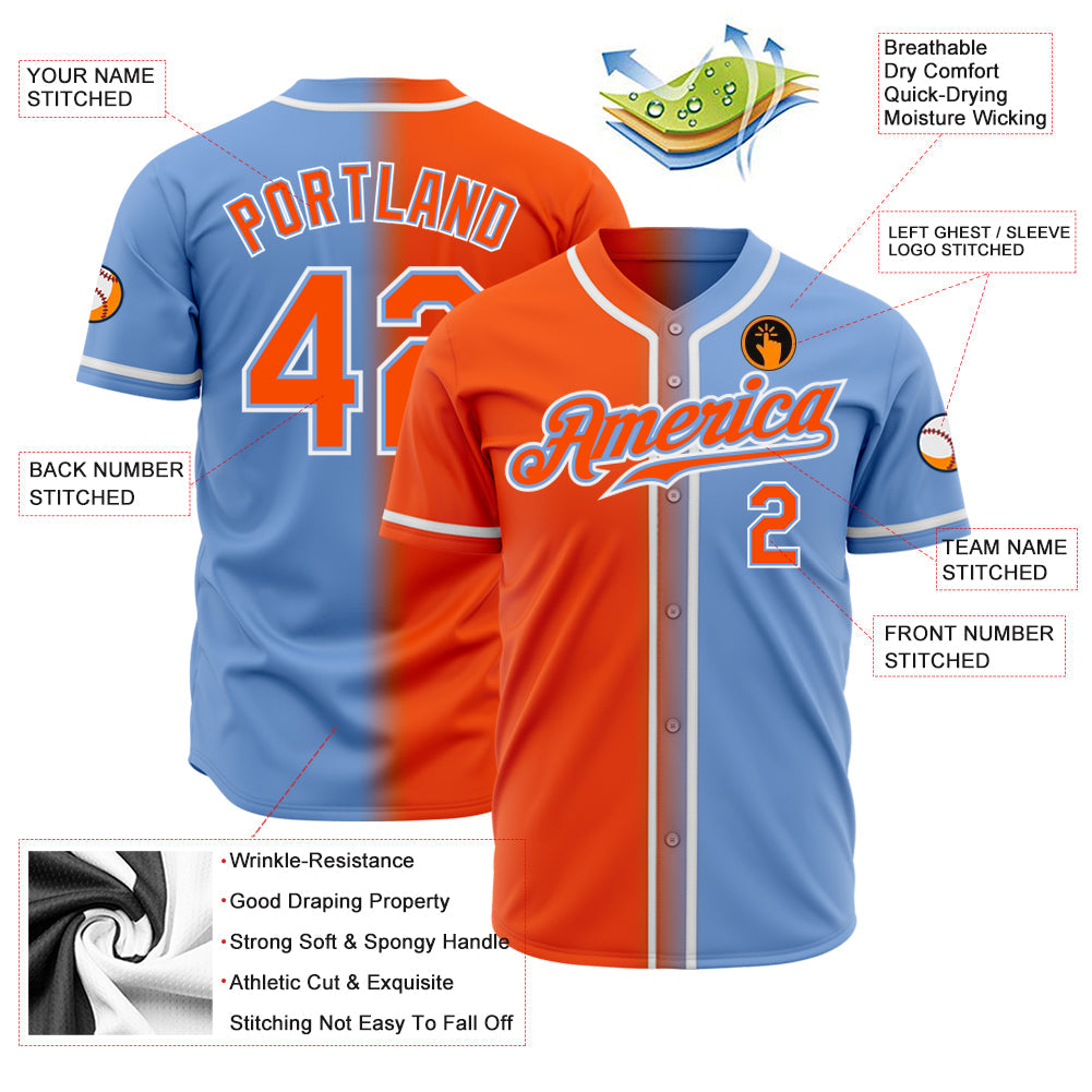Custom Light Blue Orange-White Authentic Gradient Fashion Baseball Jersey view 2