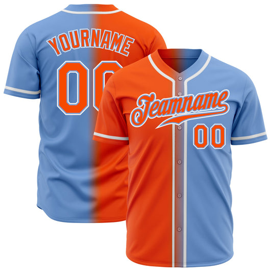 Custom Light Blue Orange-White Authentic Gradient Fashion Baseball Jersey - Main View