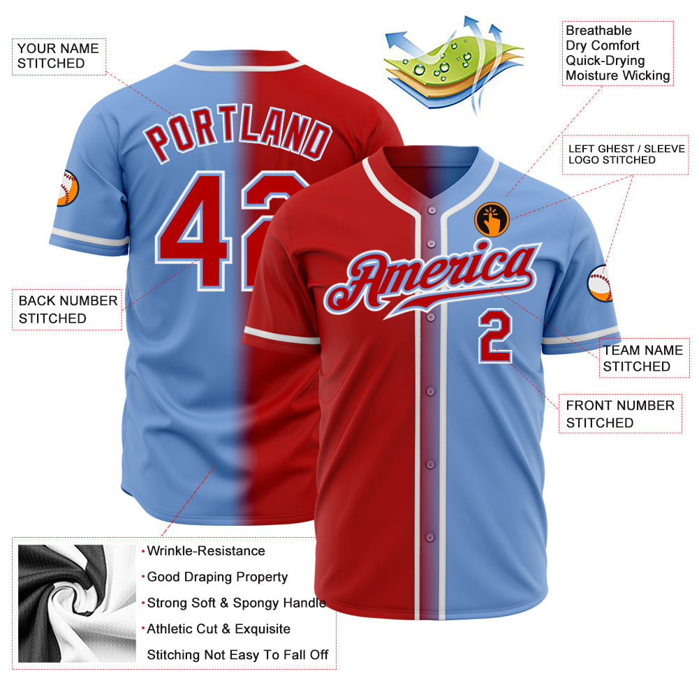 Custom Light Blue Red-White Authentic Gradient Fashion Baseball Jersey view 2