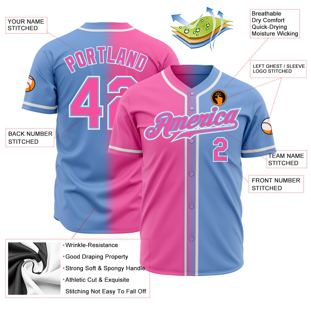 Custom Light Blue Pink-White Authentic Gradient Fashion Baseball Jersey view 2