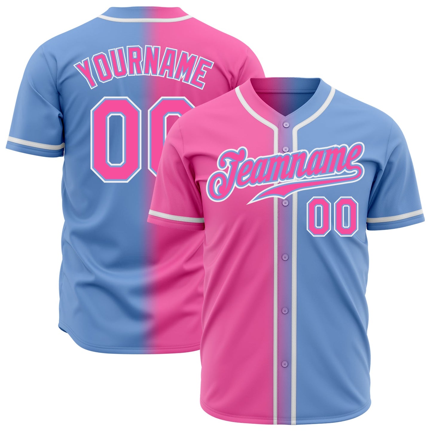 Custom Light Blue Pink-White Authentic Gradient Fashion Baseball Jersey - Main View