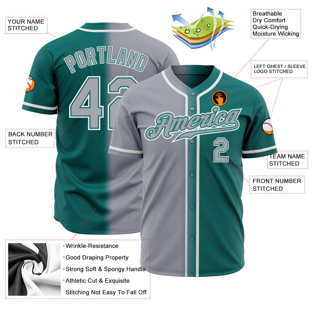 Custom Teal Gray-White Authentic Gradient Fashion Baseball Jersey view 2
