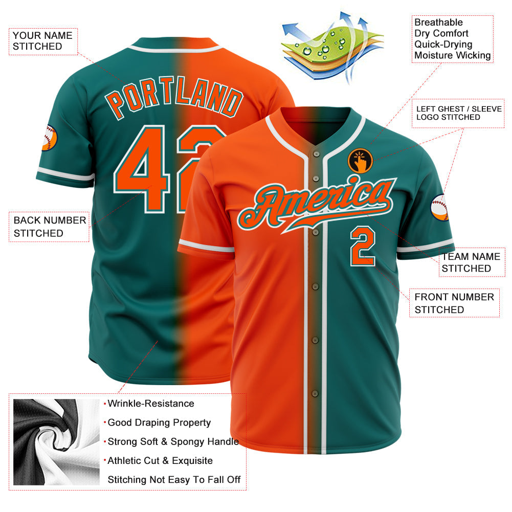 Custom Teal Orange-White Authentic Gradient Fashion Baseball Jersey view 2