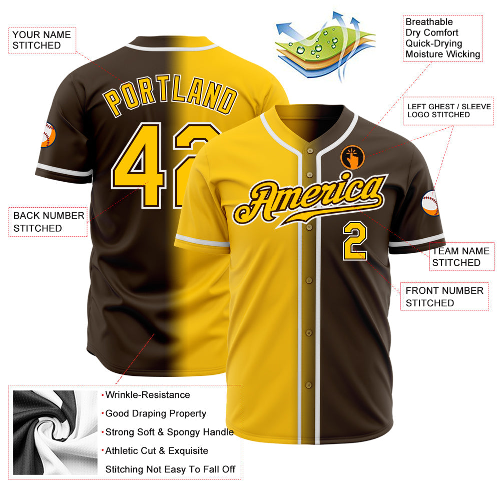 Custom Brown Yellow-White Authentic Gradient Fashion Baseball Jersey view 2