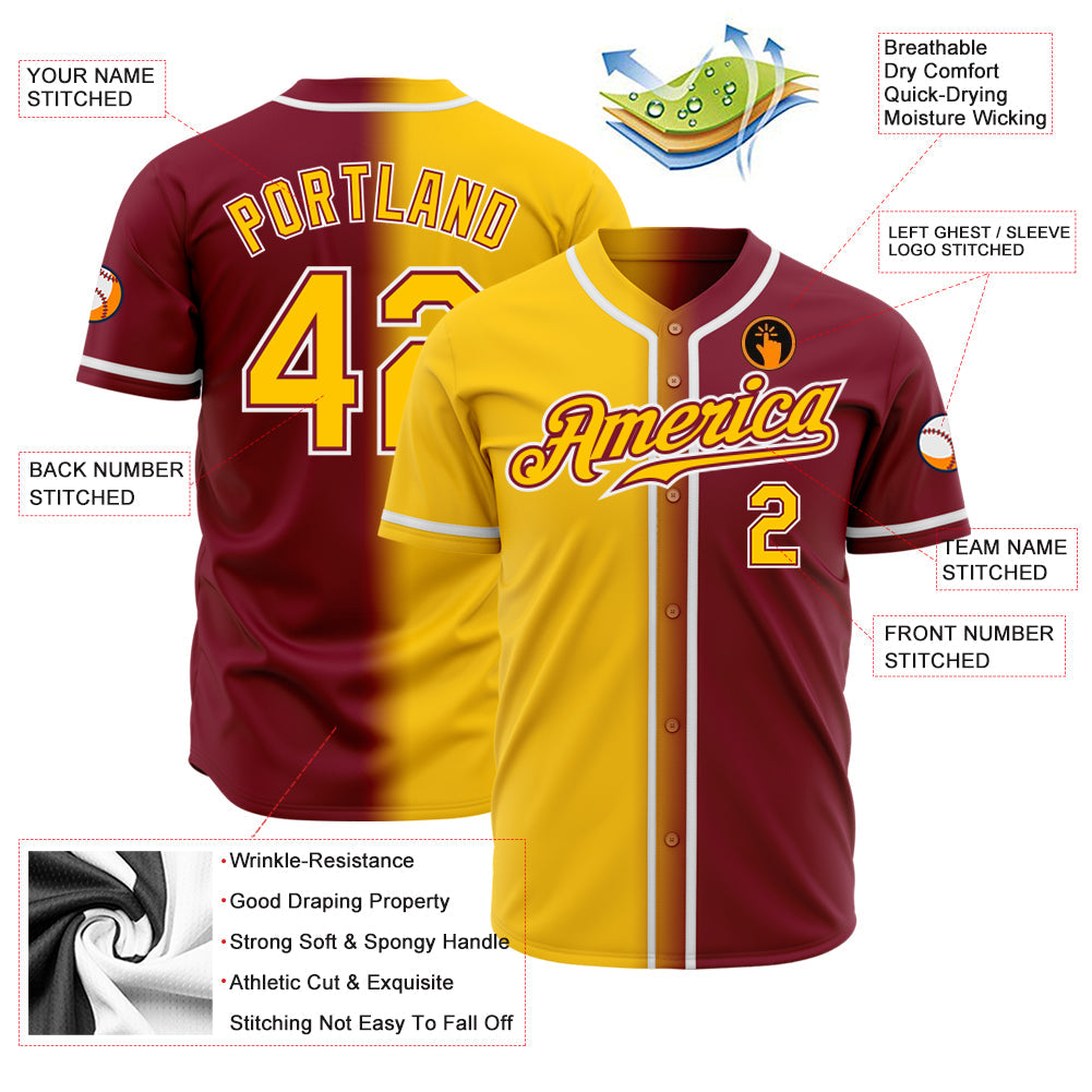Custom Crimson Yellow-White Authentic Gradient Fashion Baseball Jersey view 2