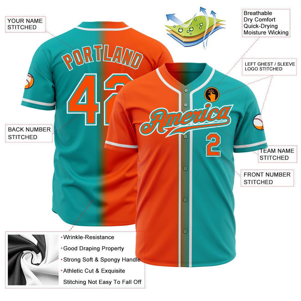 Custom Aqua Orange-White Authentic Gradient Fashion Baseball Jersey view 2