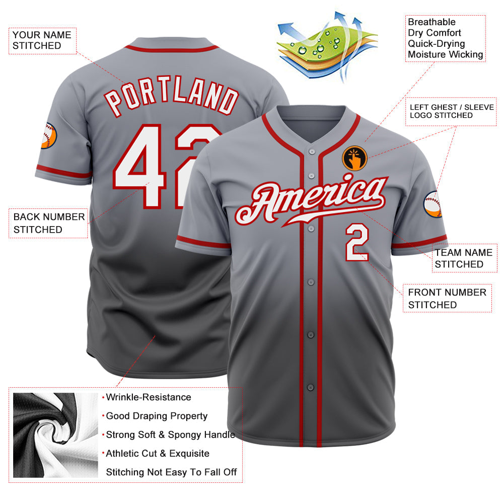 Custom Gray White Steel Gray-Red Authentic Fade Fashion Baseball Jersey view 2