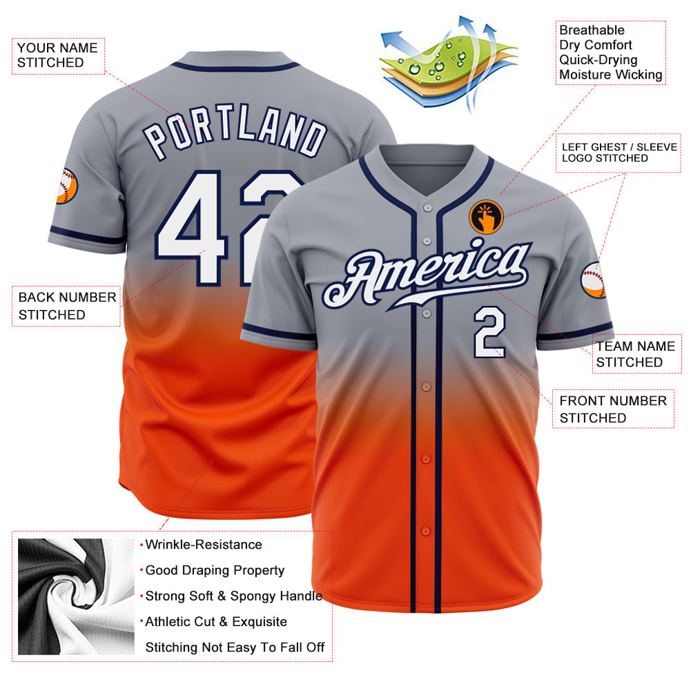 Custom Gray White Orange-Navy Authentic Fade Fashion Baseball Jersey view 2